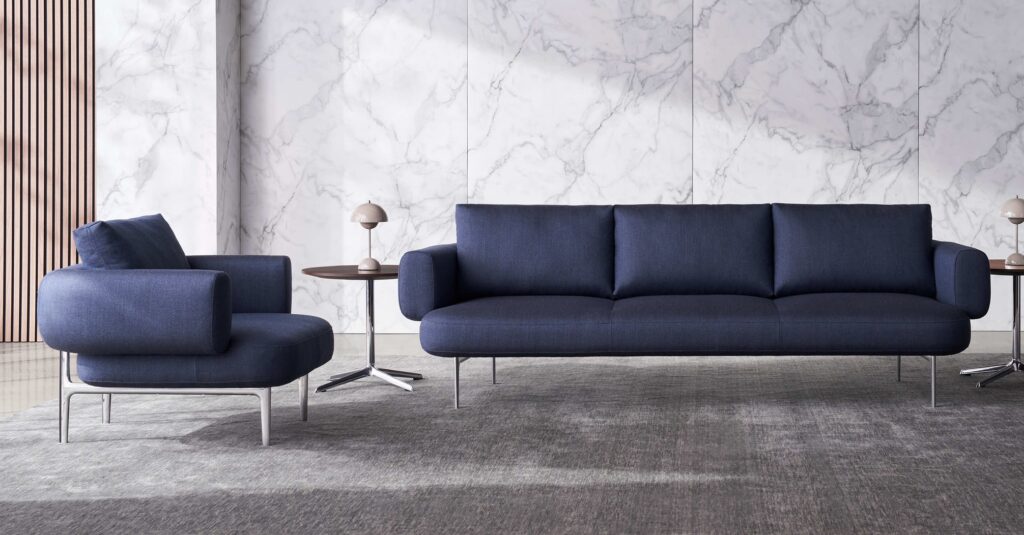 Navy lounge chair and sofa