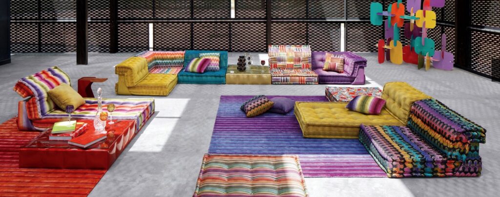 Kenzo Takada Mah Jong eclectic colors in room with lattice screens