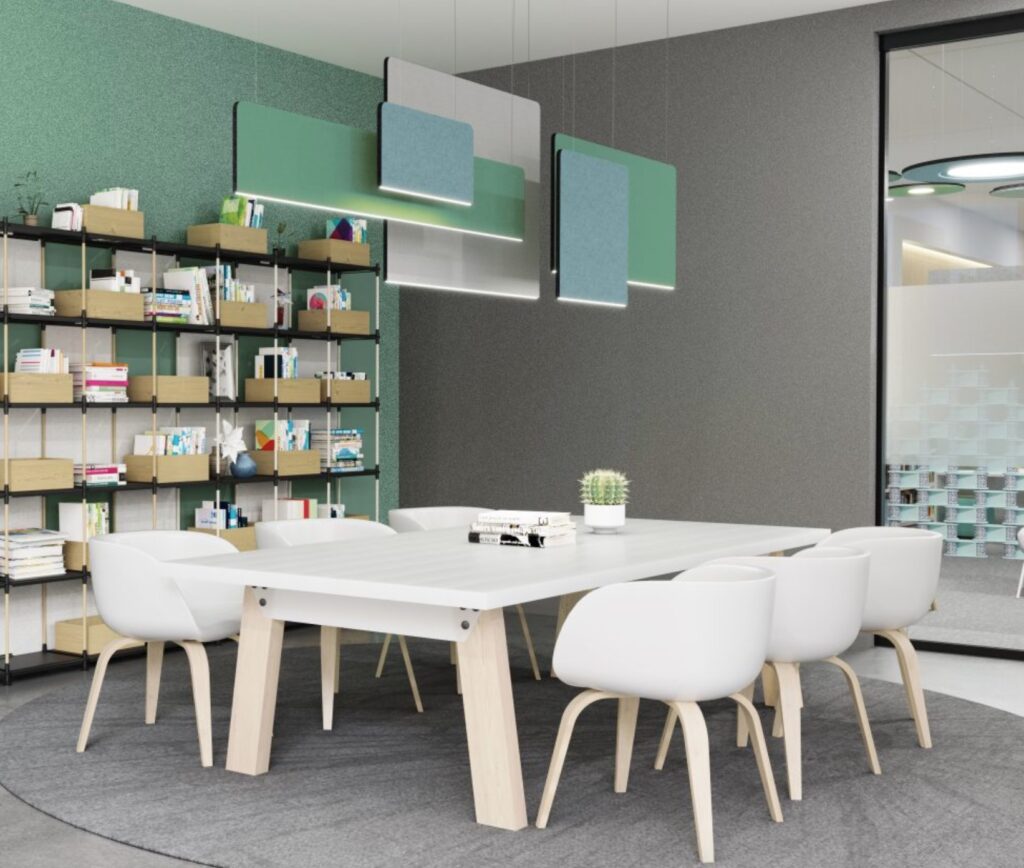 Suspended panels in rectangular and square shapes above collaboration table