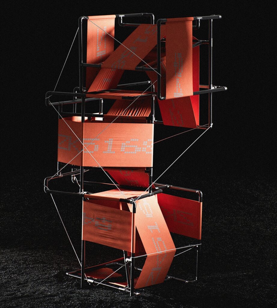 Tubular metal chairs stacked up like an art display