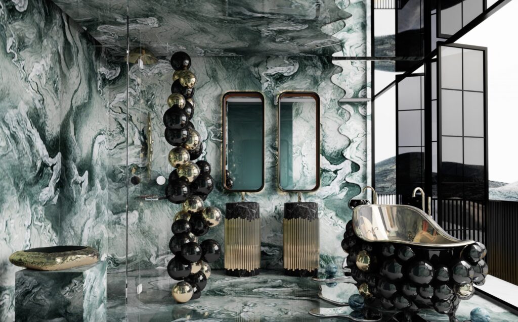 Newton bathtub in decadent room with ocean/water design on the walls 