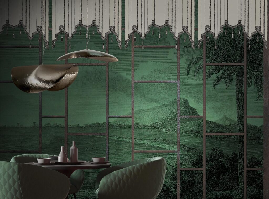 Hillside landscape with town in different shades of green