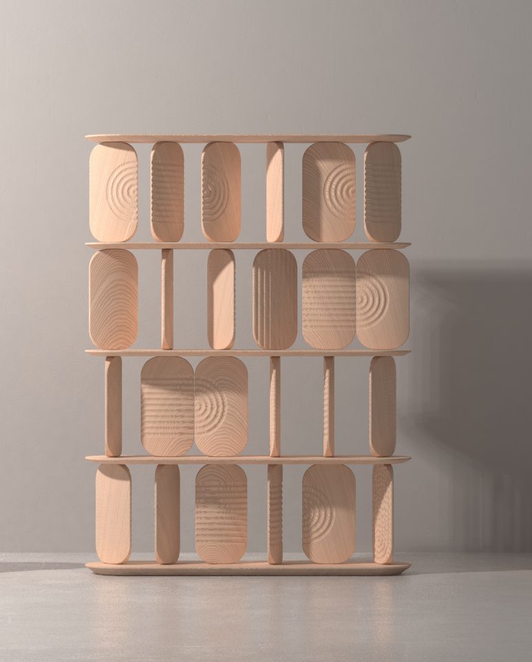 Wooden shelves with inset wooden discs with decorative design