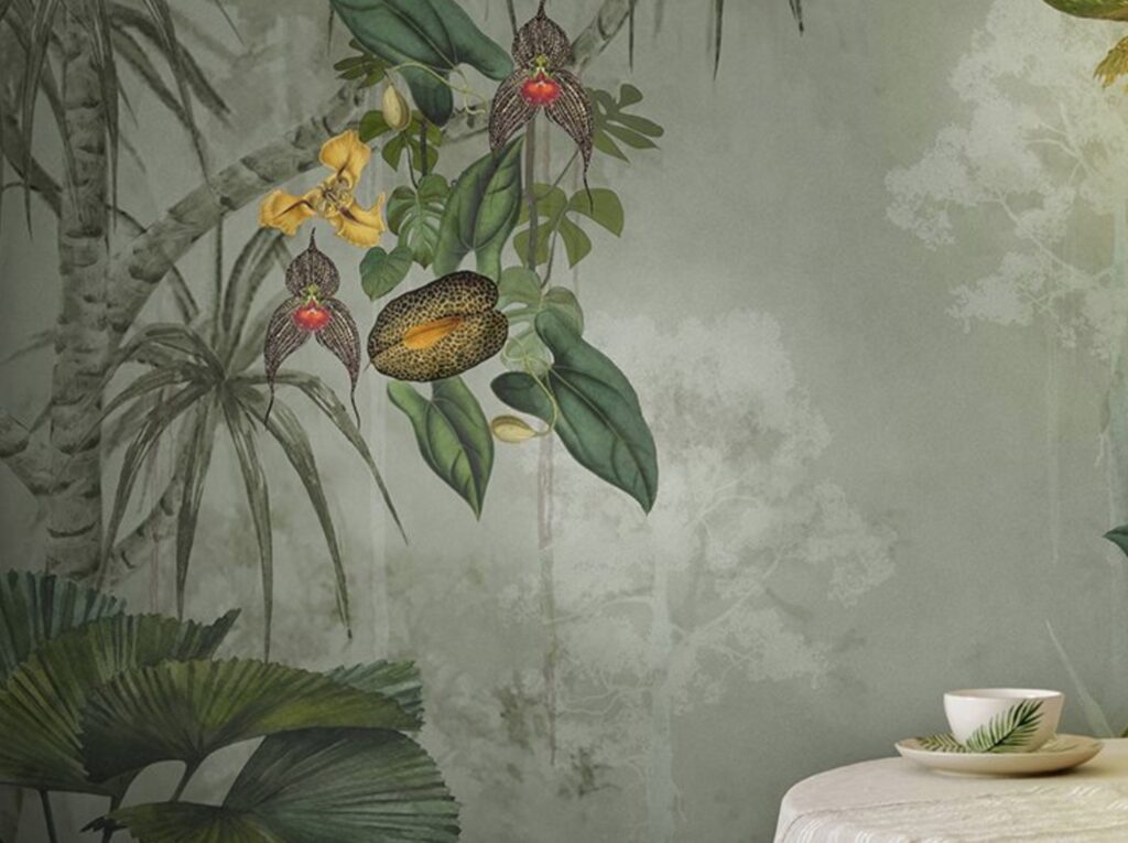N.O.W. Edizione verdant jungle scene with fruits in foreground and table with coffee cup