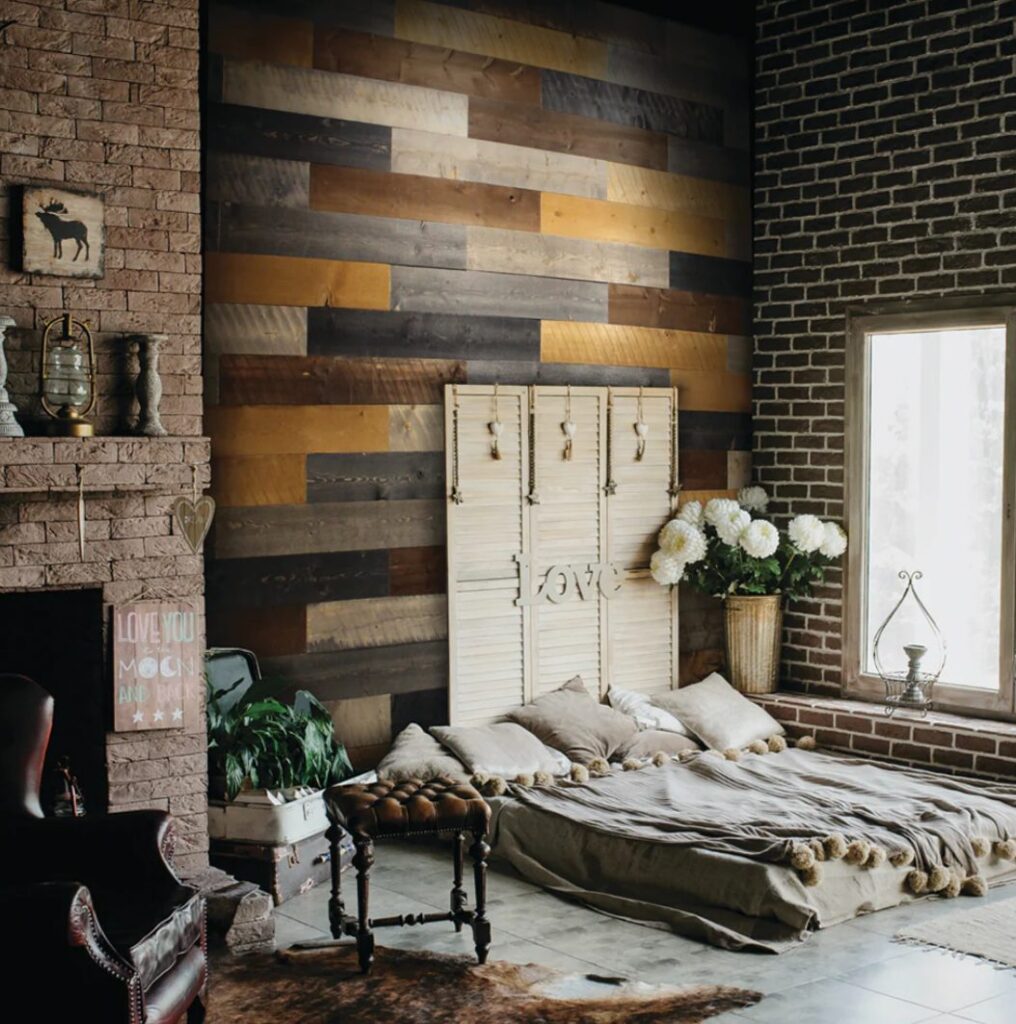 Accent wall with many different shades of wood
