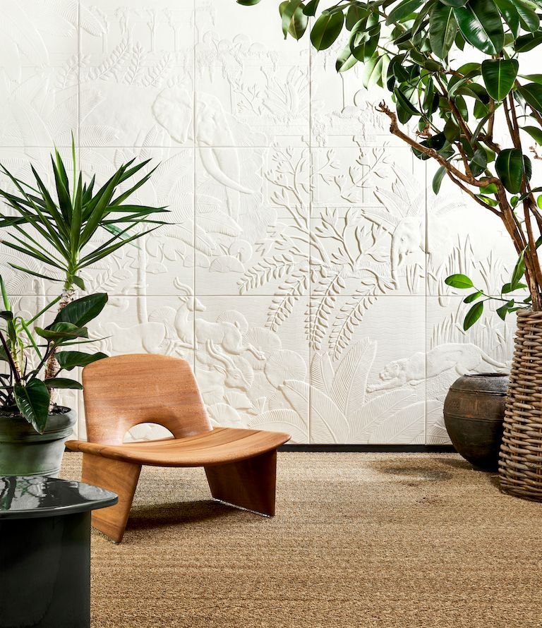 textured wallcovering in white with forest scene