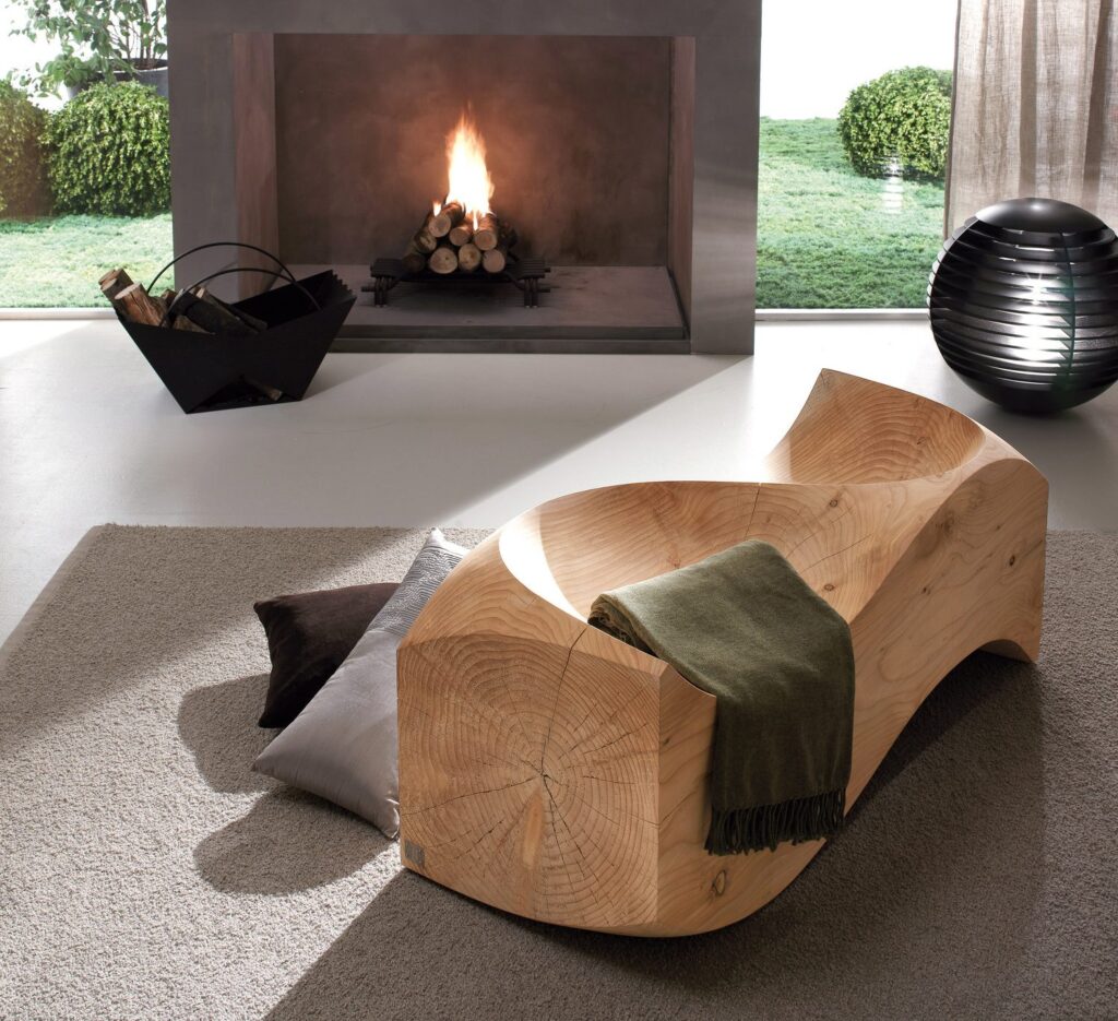 solid wood loveseat in front of fire