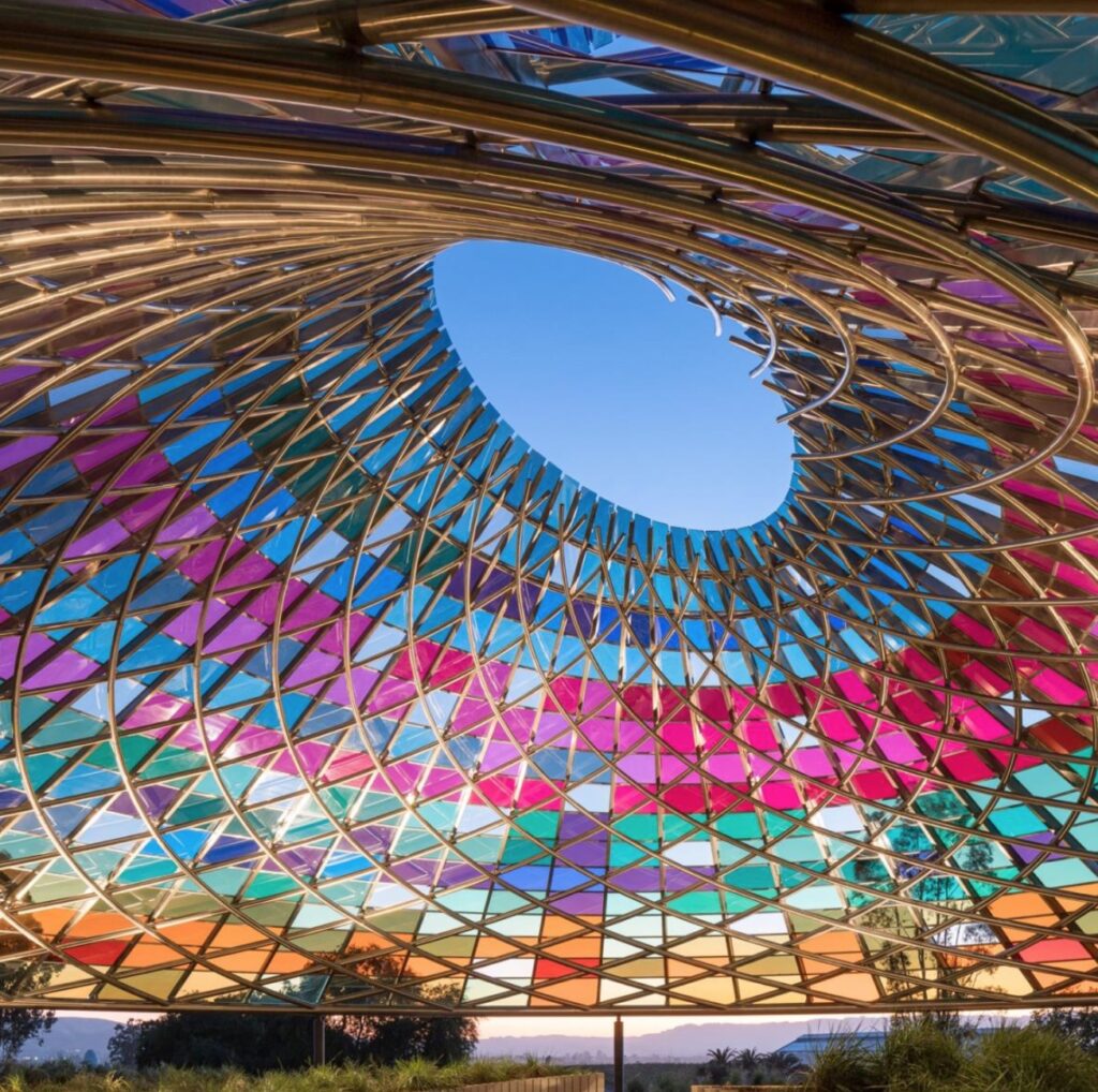 Looking through oculus of Vertical Pavilion
