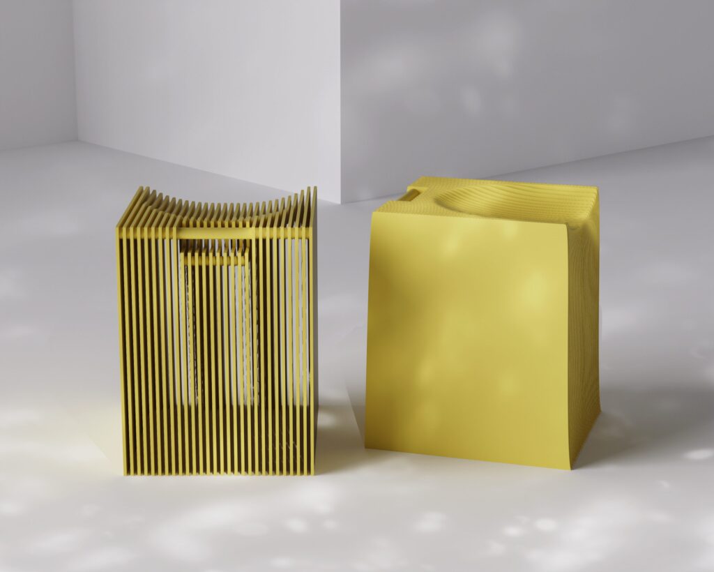 Two yellow stools side and rear views