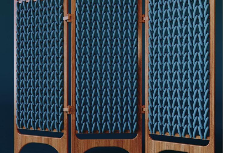 Knitted room divider in blue