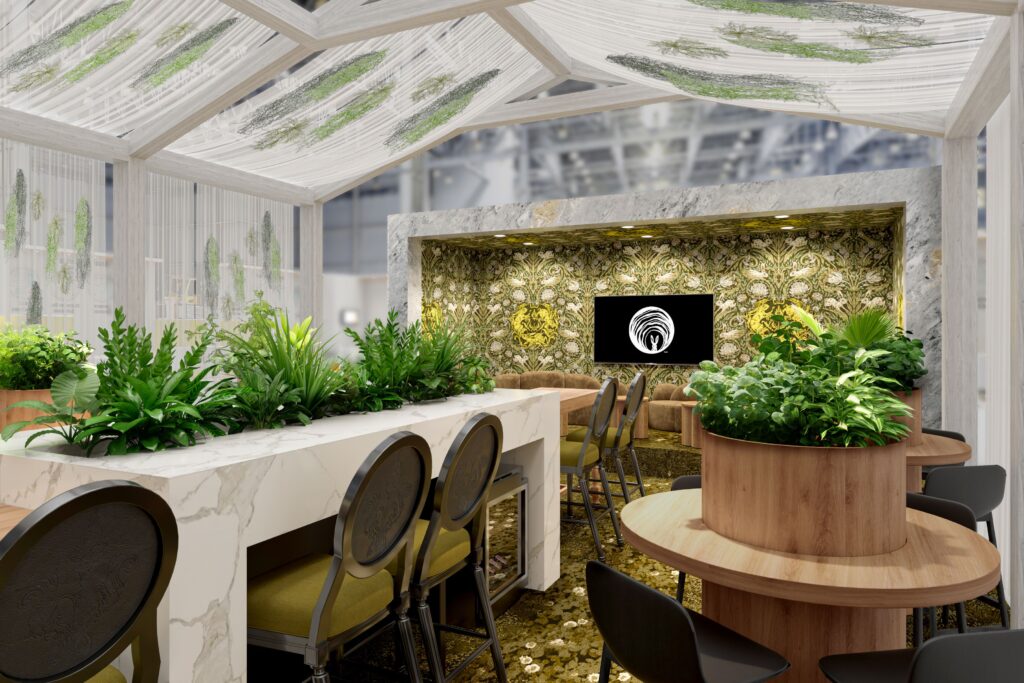 A curated room with lots of greenery and a covered trellis with white and gold highlights