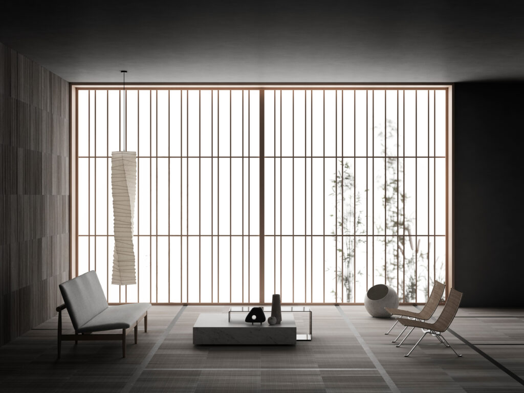 Sitting room with Japanese influences and stone tatami floor
