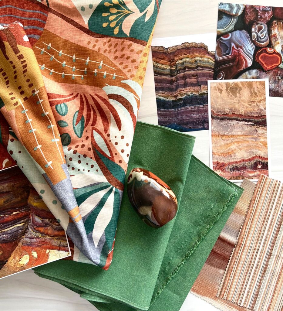 Swatches of different fabrics that evoke the work of Matisse, bright colors and exaggerated shapes