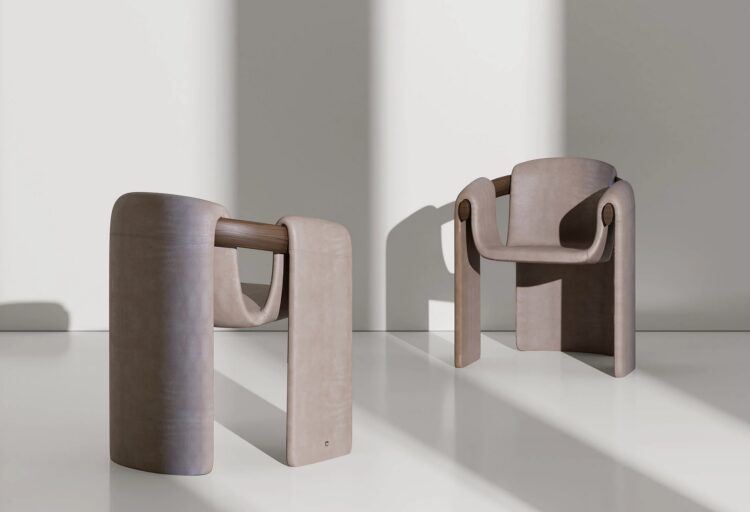 Sari chair in putty color with two chairs facing each other