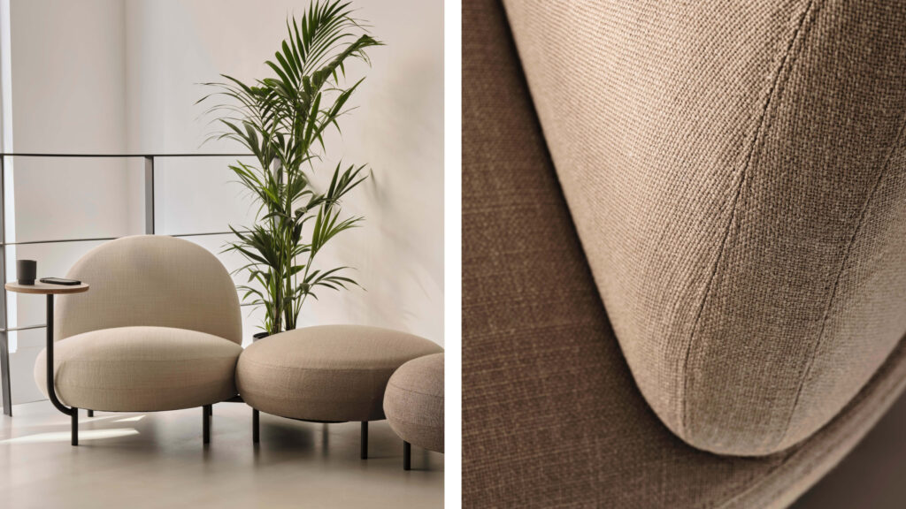 Two images: one of chair, table ottoman and the other a detail of fabric