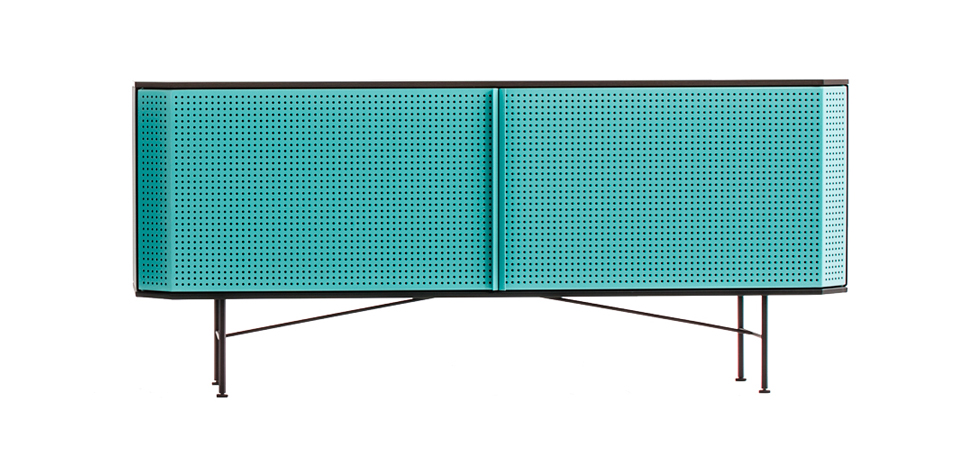 Perf: aqua-colored doors with black frame and top