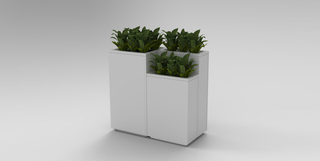 Three white planters of different heights and widths
