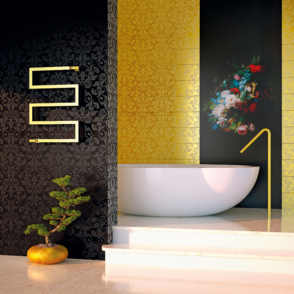 Snake towel rail in gold near white tub with yellow satin wallpaper
