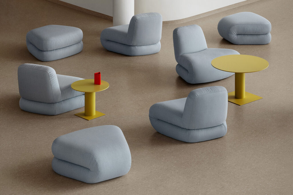 InSpec Bau modular seating in light blue with yellow tables