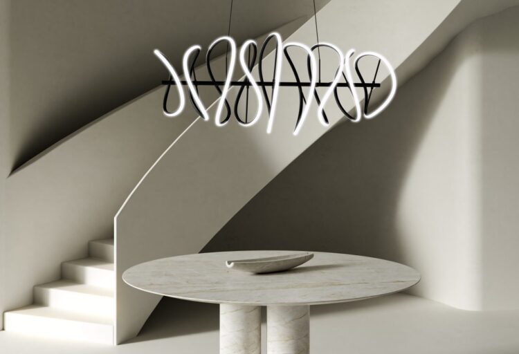 Collide light above table with curving staircase in background