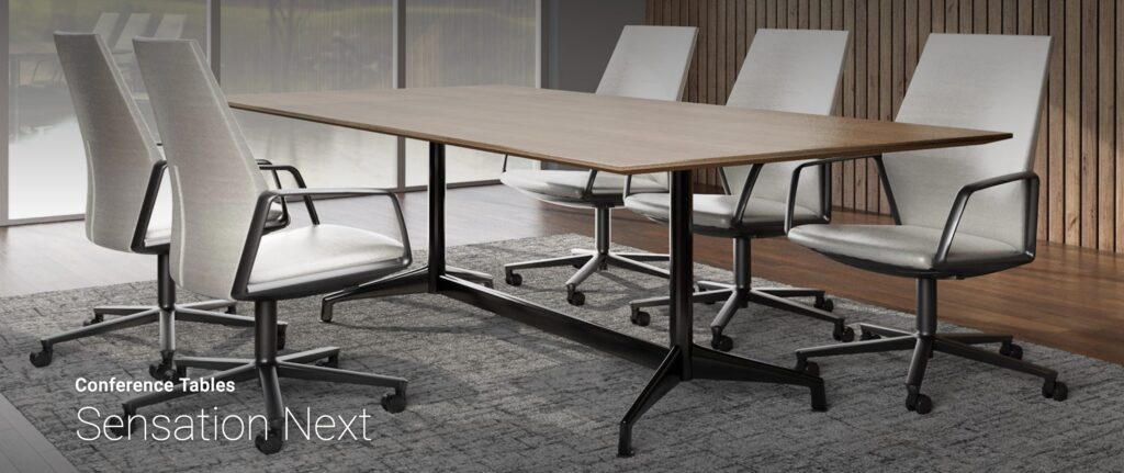 Long conference table with text identifying the line