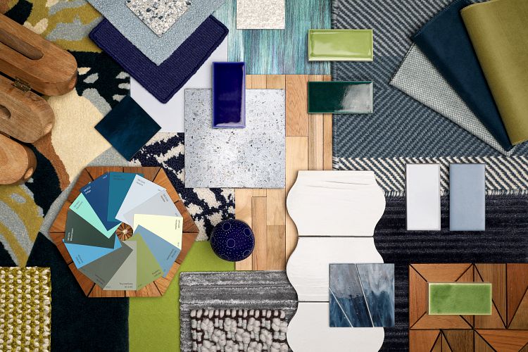 Greens and blues moodboard with different colors, fabrics, textures
