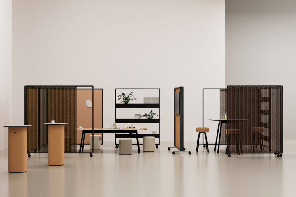 Space division system with curtains, panels, planters, tables, and stools
