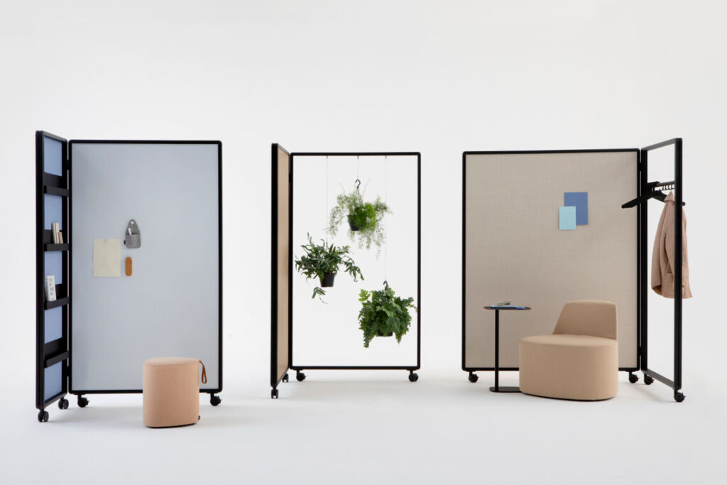 Three examples of Patio Panels with coat hanger, shelves, privacy panels, and planters