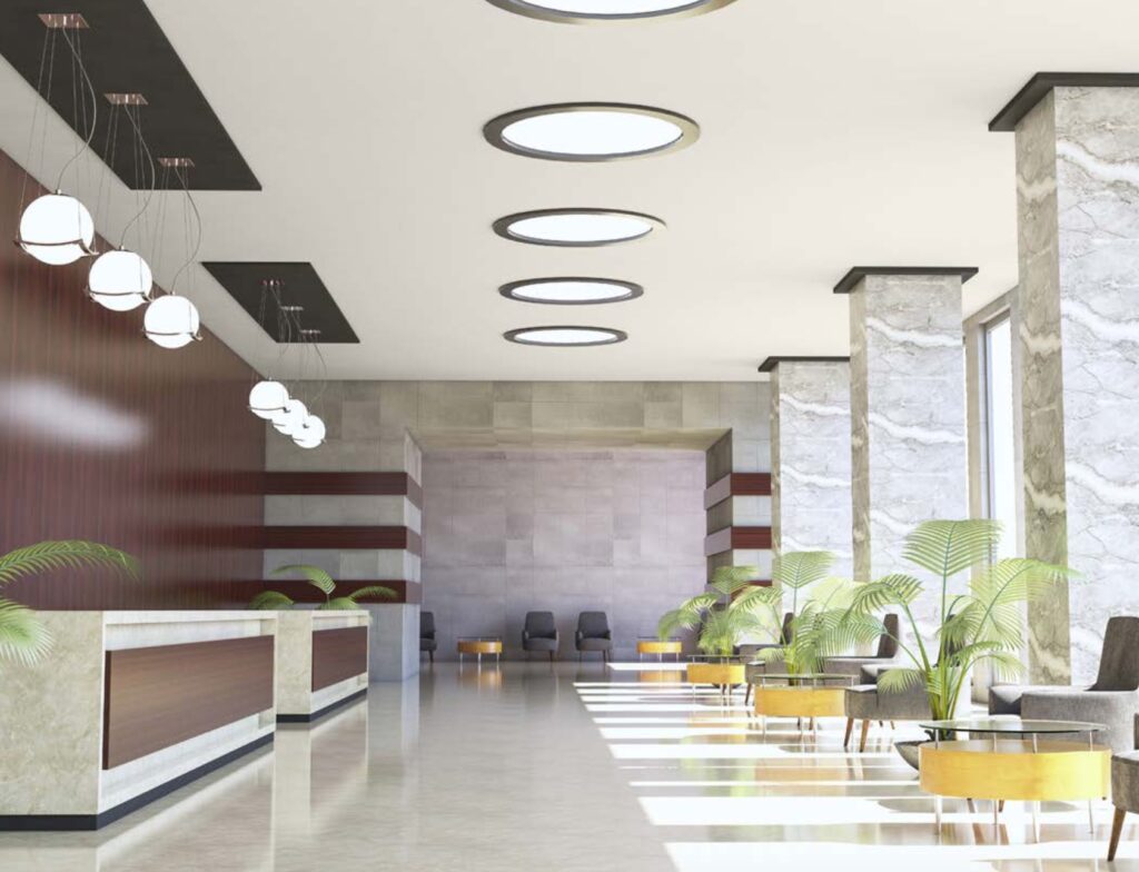 Snowbound color on ceiling in upscale hotel with marble pillars and floors