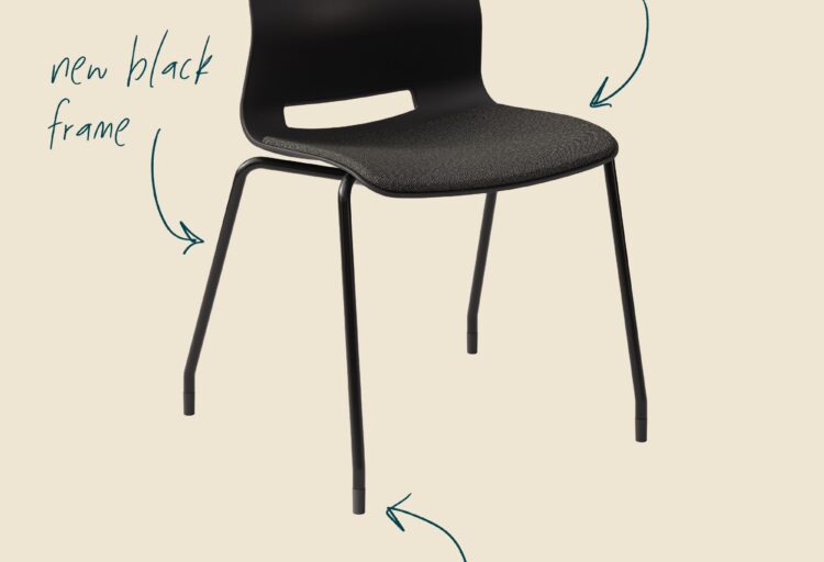 KFI Studios' Imme chair in black with hand-written notes on enhanced features