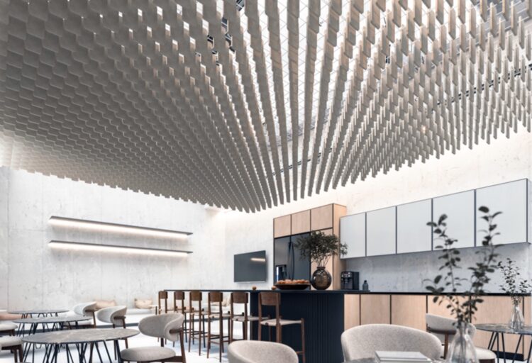 Zintra Mesh in white installed in café-like space