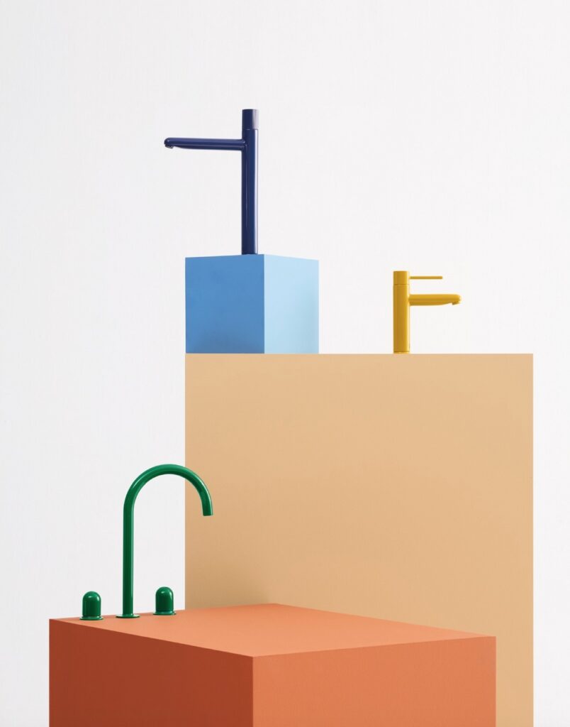Bathroom taps in blue and yellow