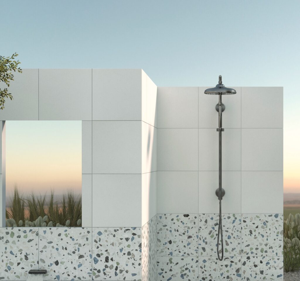 Daltile Outlander collection of terrazzo tile in outdoor setting 