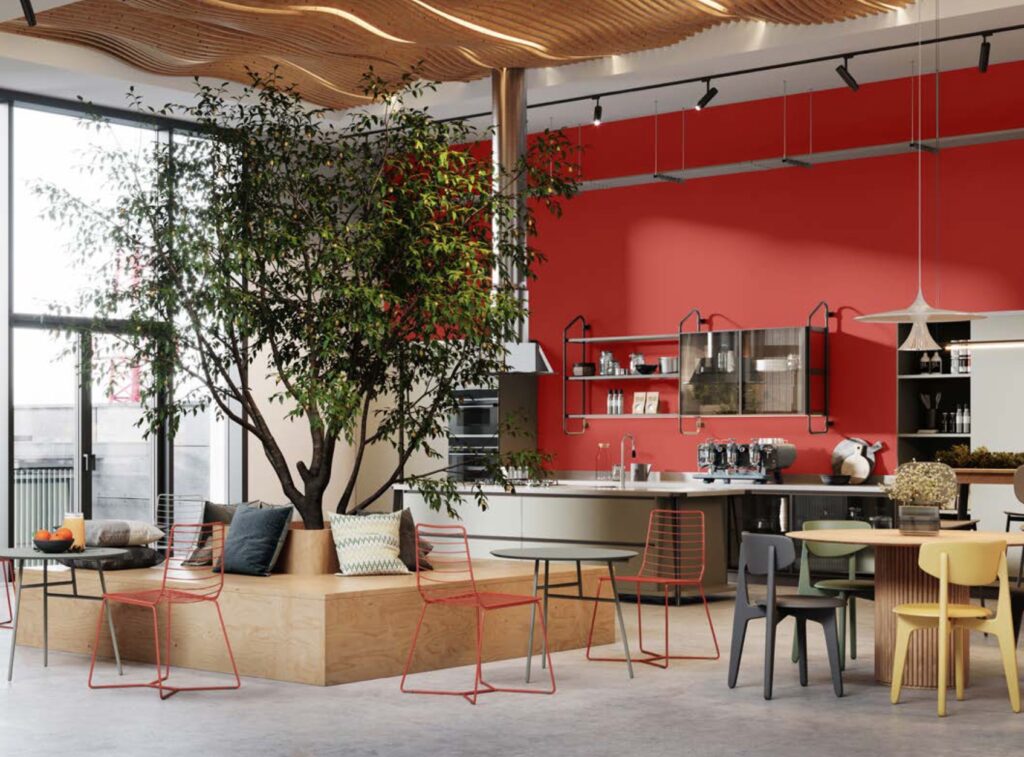 Habañero Chile on walls of lounge area with kitchen in workspace