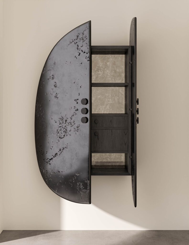 Iron cabinet with one door open