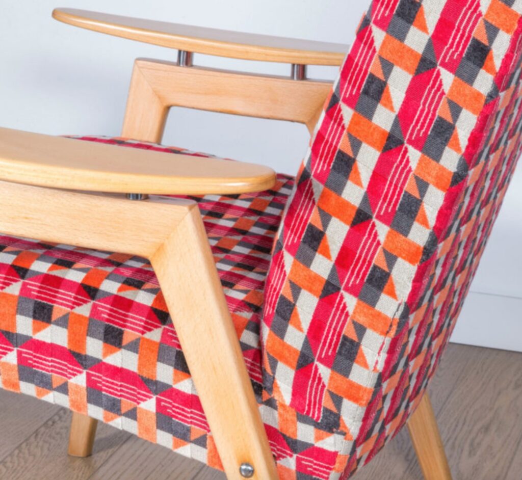 side view detail of bright patterned upholstery