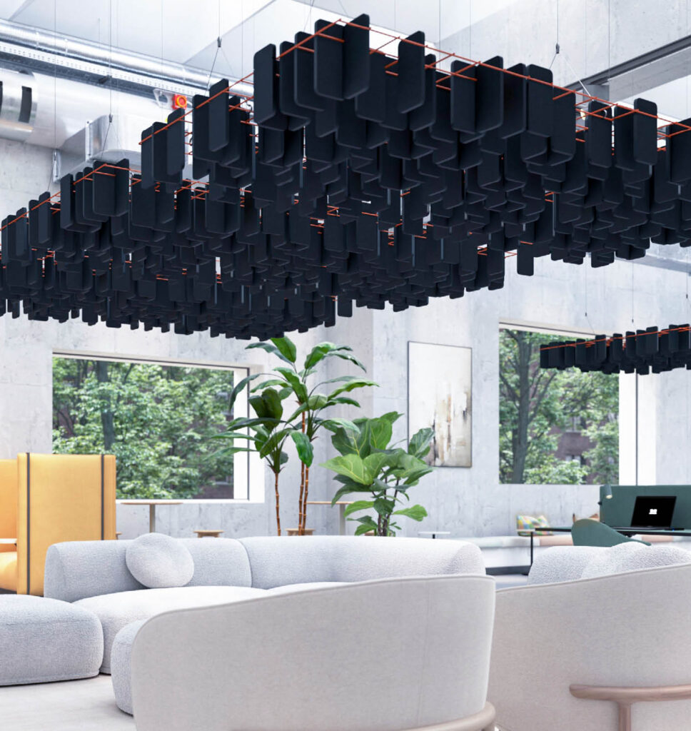 Zintra Mesh in Tar, random configuration above workplace lounge