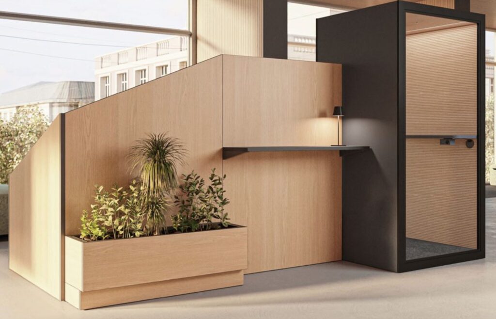 Natural wood with phone booth and incorporated planter