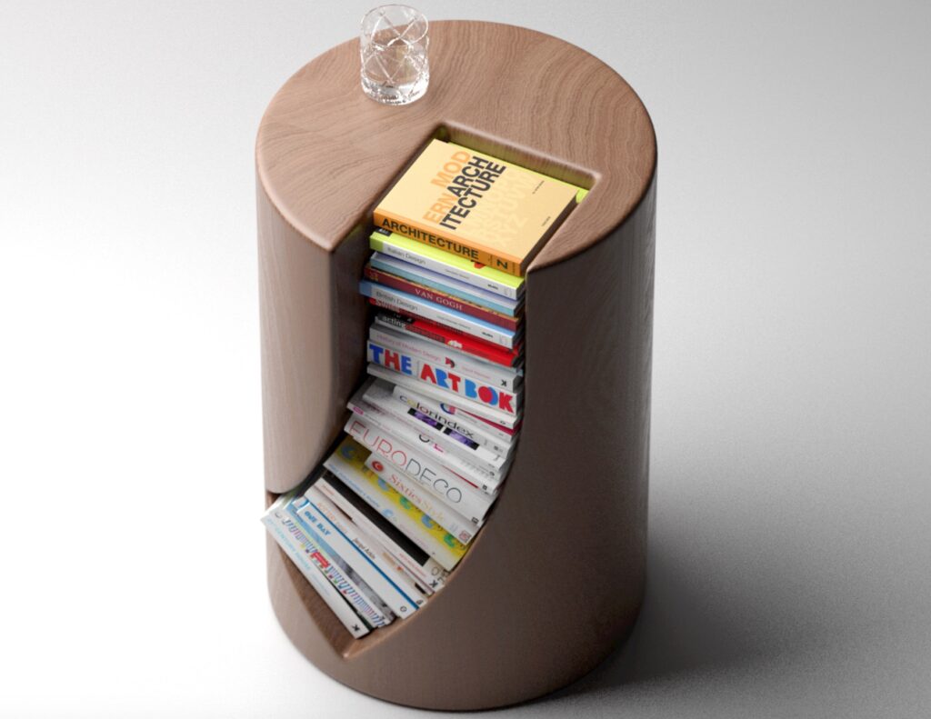 Bookgrove with books and glass on top 