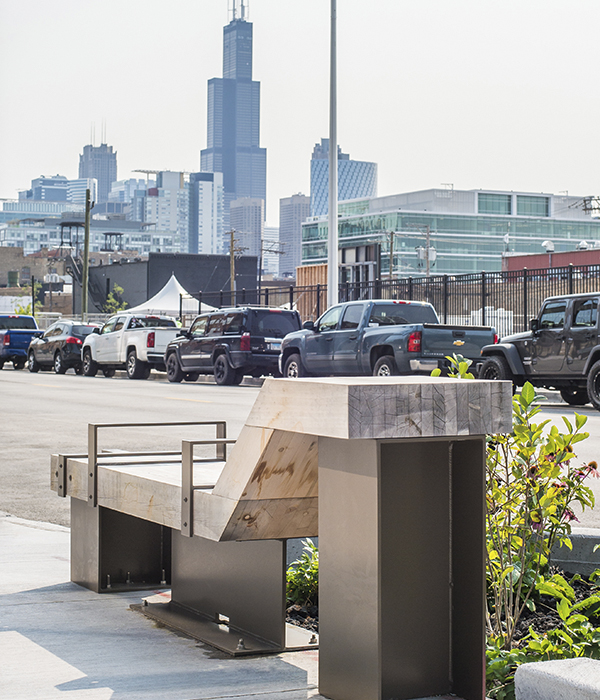 side view of custom bench for the Fulton Market