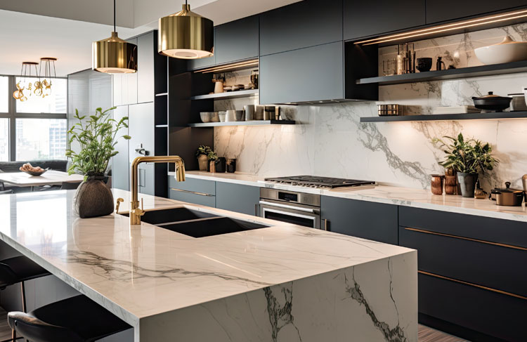 Paneluxe kitchen with island and aluminum honeycomb panels