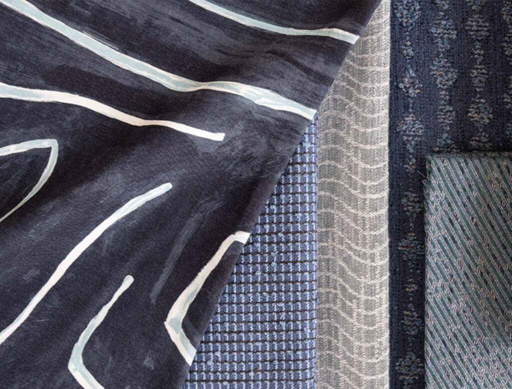 Close up of fabric swatches in shades of blue