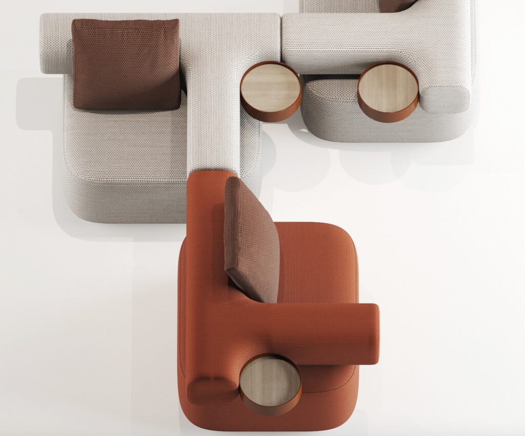 Overhead view of Crossroad ensemble complete with small wooden table