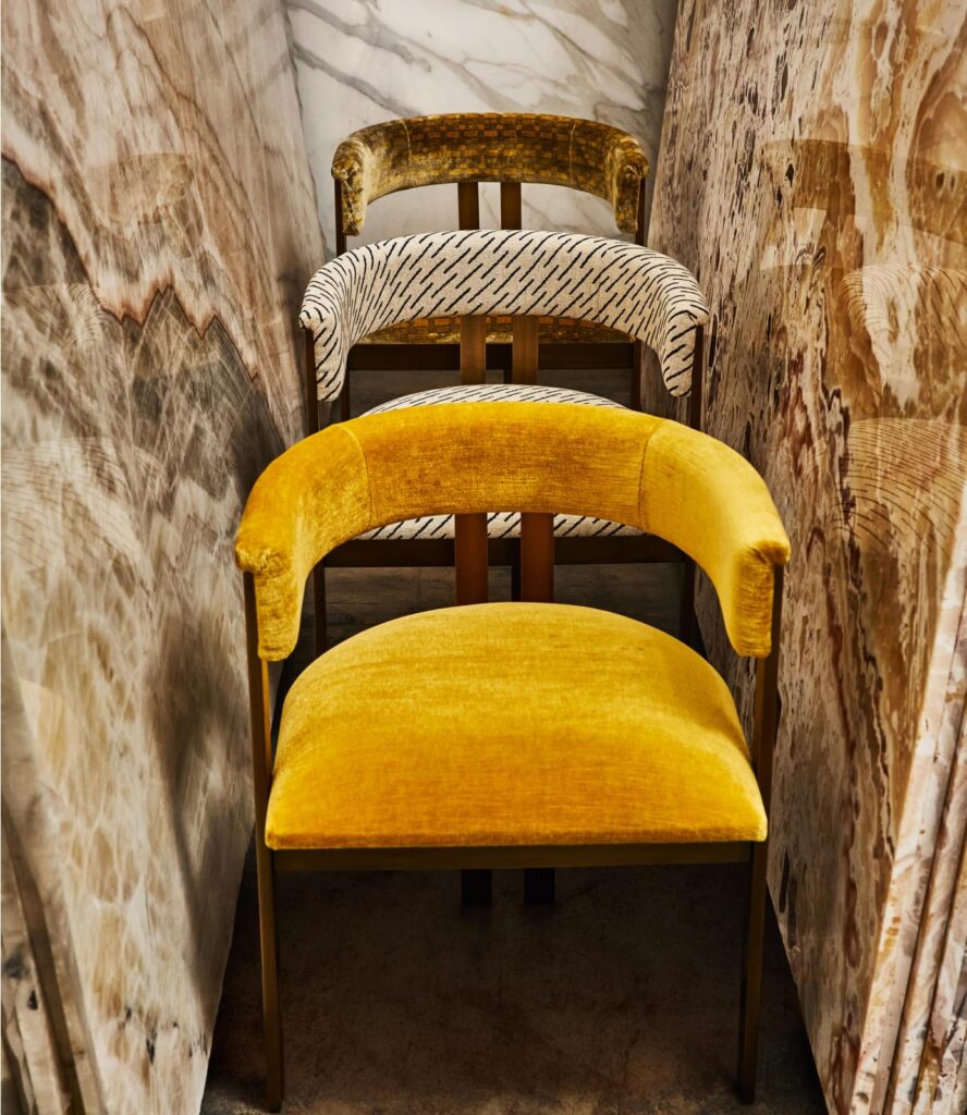 Chairs with mustard, diagonal stripes and brown velvet-style fabric