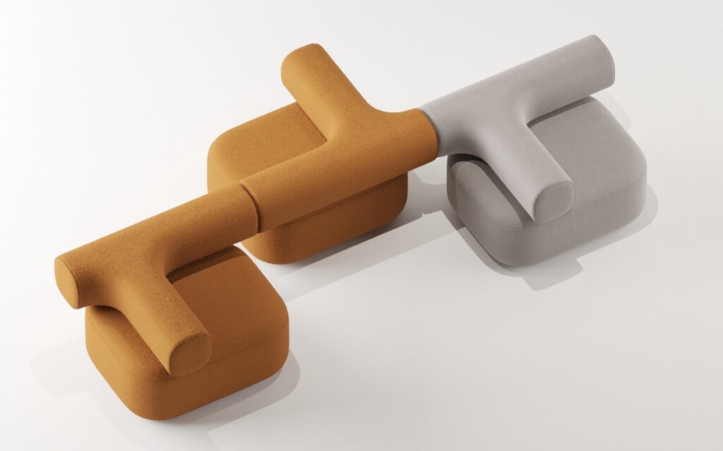 Crossroad three chairs linked together in rust color and gray
