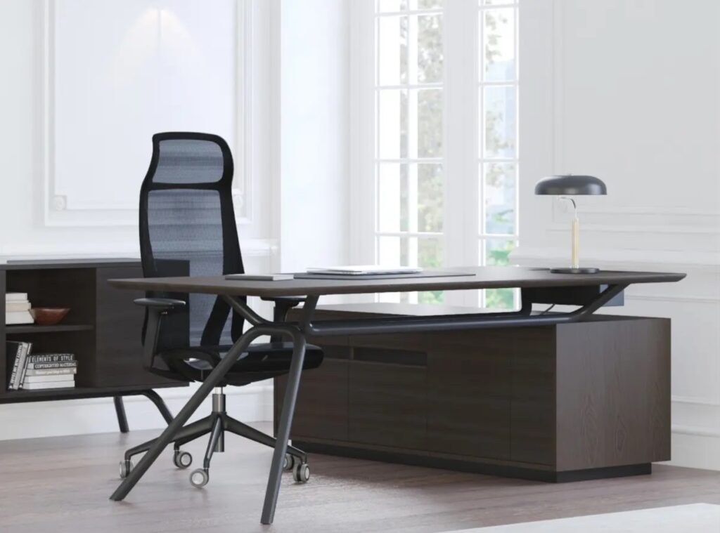 Arqus desk in dark wood with adjacent storage cabinet
