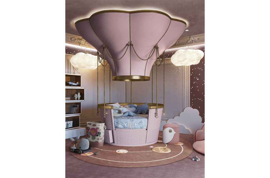 Circu hot air balloon bed with cloud pendants