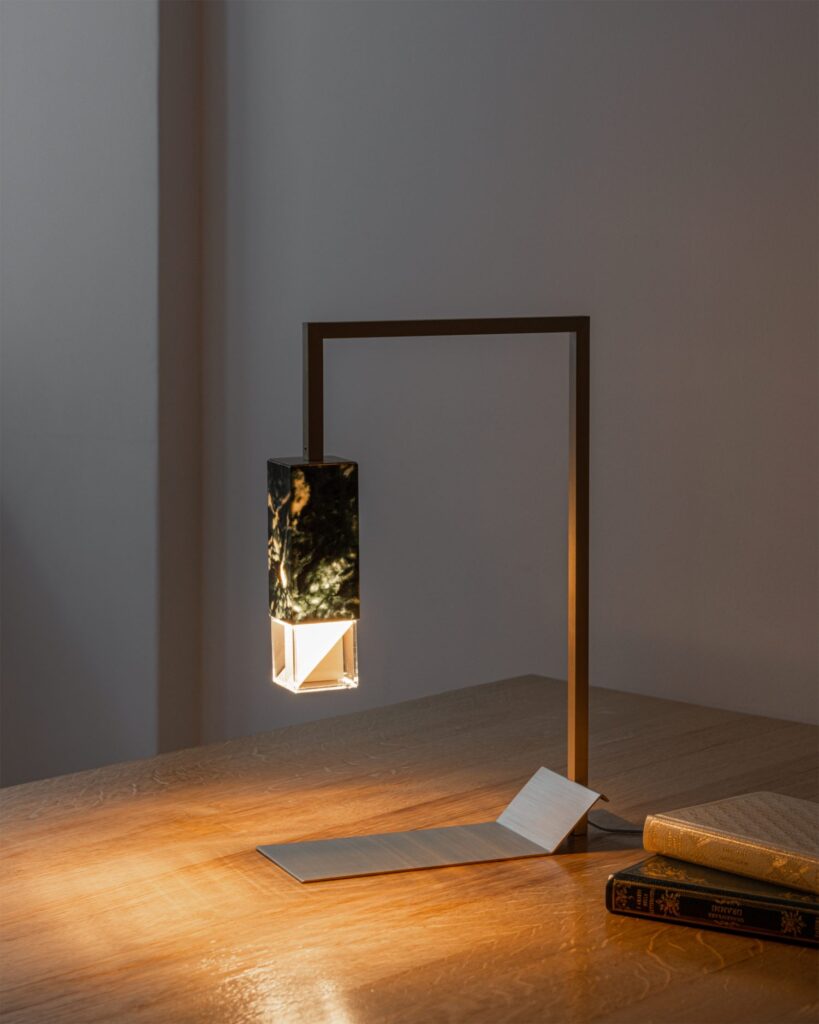 Lamp/Two with green onyx shade in the dark