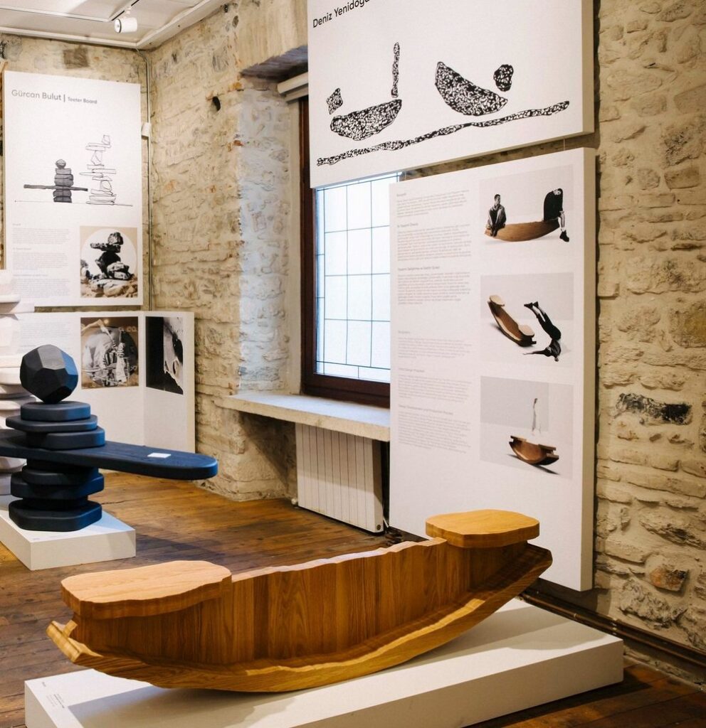 Prova bench like a teeter totter made of wood in showroom