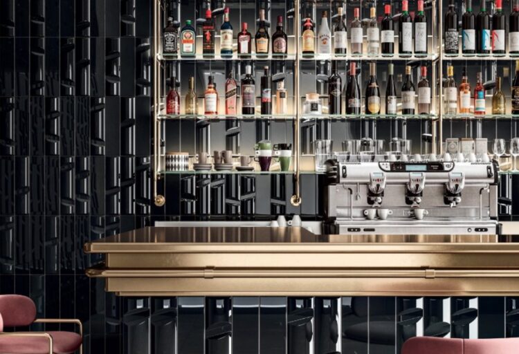 Idiosync black tile on back wall of bar
